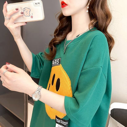 質感のいい ニコちゃん刺繍 スマイル ロング Tシャツ ゆったり半袖 ＜F-2947＞