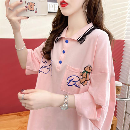 POLOネック   ベアー ロング Tシャツ 三色 ゆったりワンピース＜F-3991＞