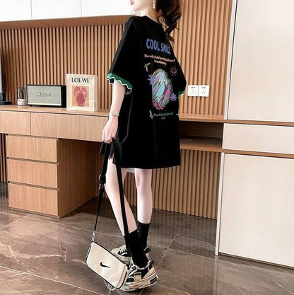 【半額！期間限定！！】デザインセンスニッチなミドル丈半袖Tシャツ新スタイル<F-3007>