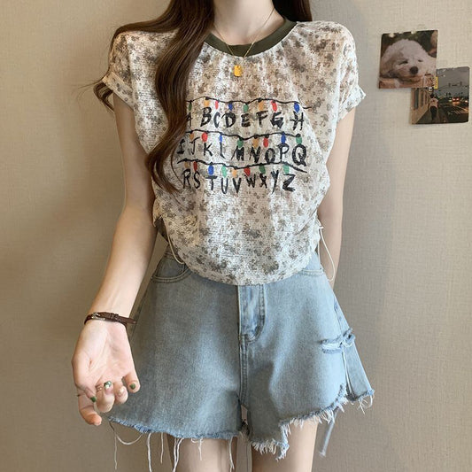 好感度UP カジュアル 大人可愛い プリント 全2色 半袖 Tシャツ＜F-8822＞