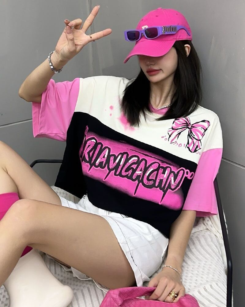 着回し力抜群 切り替え三色 韓国系 ゆったり半袖Tシャツ ＜F-8455＞