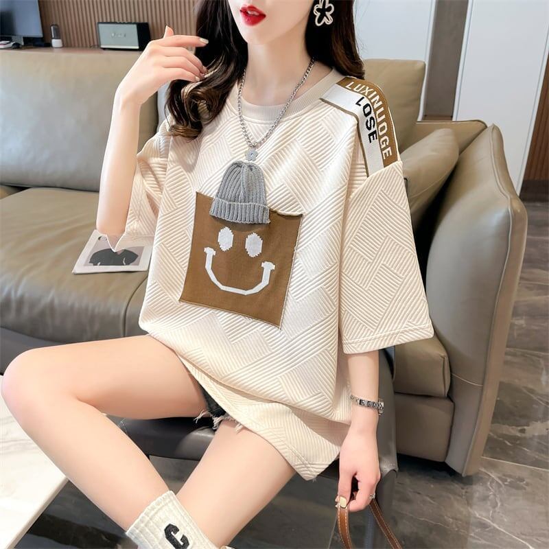 エレガントな立体ジャガードルーズウールパッチステッチ半袖Tシャツ<F-2901>