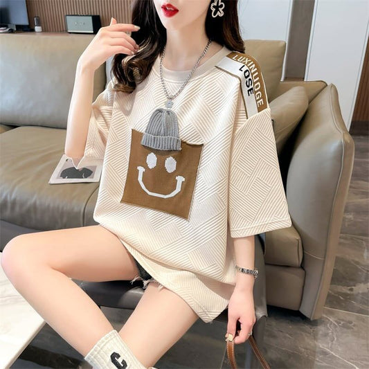 エレガントな立体ジャガードルーズウールパッチステッチ半袖Tシャツ<F-2901>