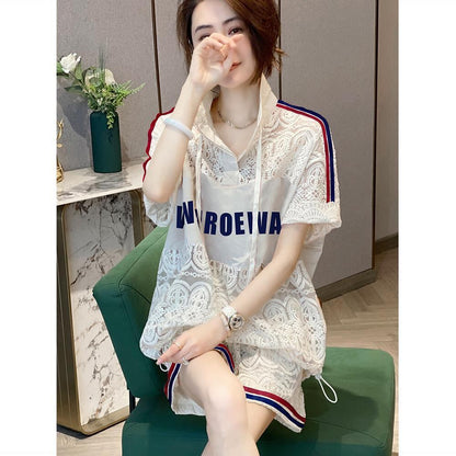 好感度UP カジュアル 上品 レース 透かし彫り 切り替え 半袖Tシャツ ショートパンツ セットアップ ＜F-8807＞