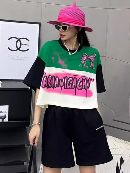 着回し力抜群 切り替え三色 韓国系 ゆったり半袖Tシャツ ＜F-8455＞