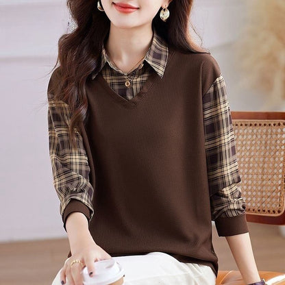売り切れ必至 着心地良い スタイルアップ チェック柄 レイヤード風 トップスF-9515