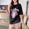 ハイエンドデザインセンスレース中空ルーズミドル丈半袖Tシャツ<F-3035>