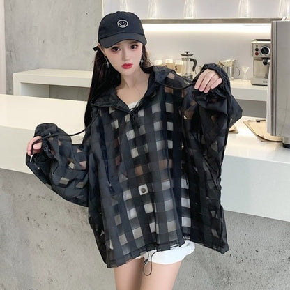 大人気 チェック柄 ゆったり 日焼け対策 UVカット 冷房対策 着?せ 長袖 フード付き シャツ ＜F-1910＞
