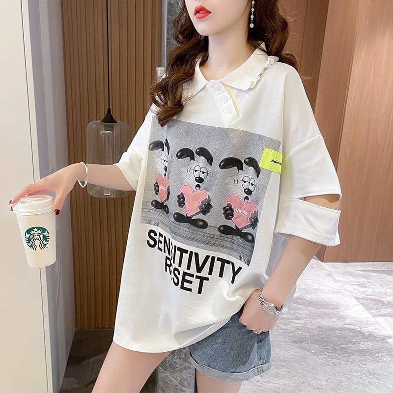 夏新作 アルファベットプリント POLOネック ロング Tシャツ ゆったりワンピース ＜F-3038＞