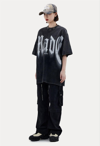 トレンドのアメリカンストリートビッグレタープリント半袖Tシャツ<F-2904>