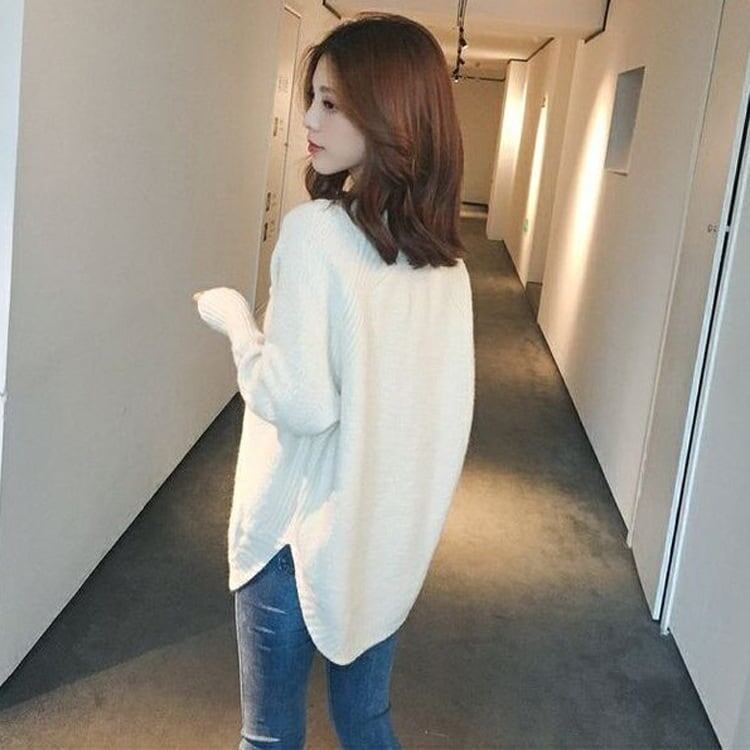 美人度アップ 長袖 Vネック 無地 ニット セーター＜F-2287＞