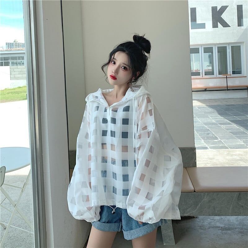 大人気 チェック柄 ゆったり 日焼け対策 UVカット 冷房対策 着?せ 長袖 フード付き シャツ ＜F-1910＞