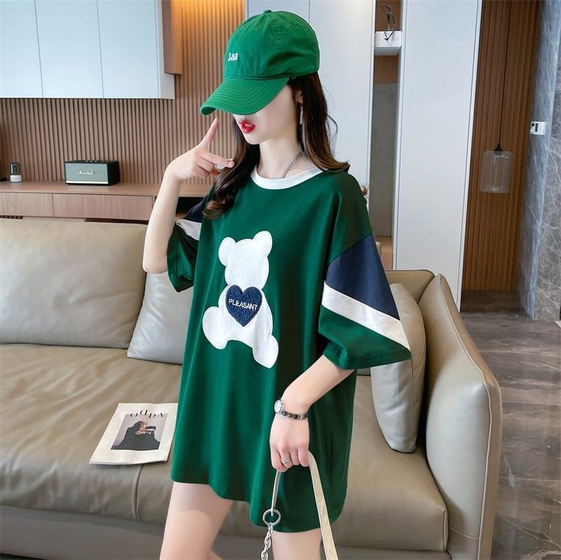 カジュアルルーズワッペン刺繍ステッチカラーブロック半袖Tシャツ<F-2870>