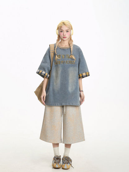 デニム 売れ筋 おすすめ 絶対流行 早い者勝ち カジュアル男女兼用 2色選択 Tシャツ<F-11340>