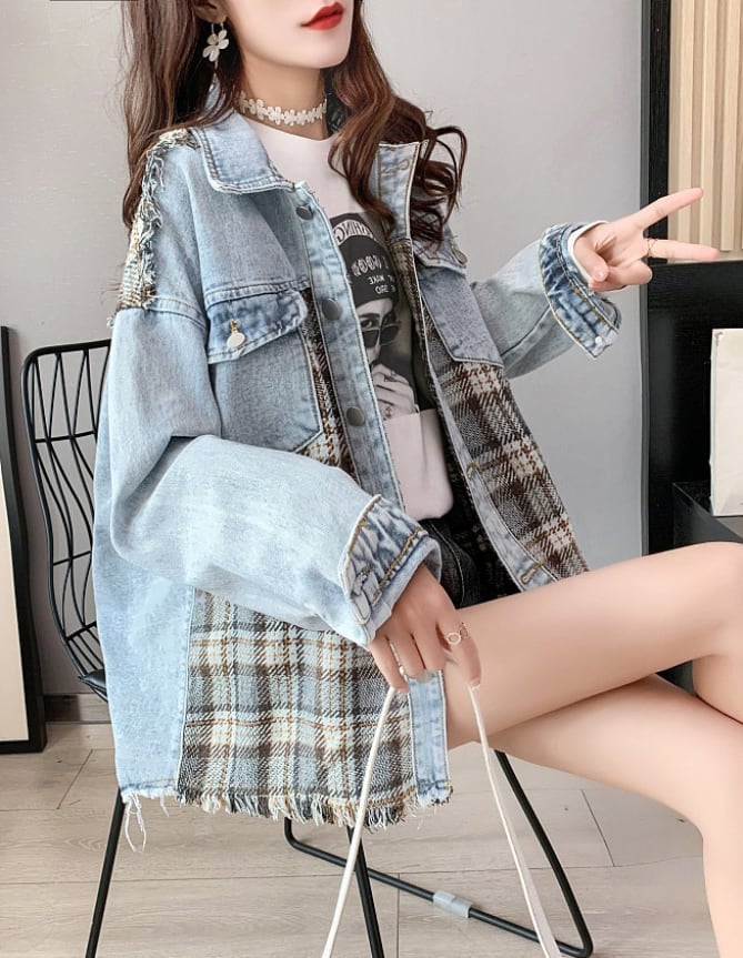 絶対流行 ファッション 活躍する優秀アイテム チェック柄 切り替え デニム Tシャツ ＜F-9264＞