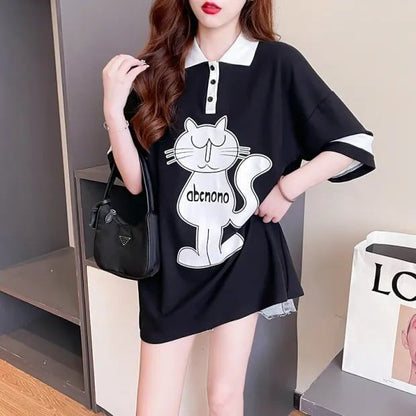 韓国系   POLOネック プリントTシャツ ゆったり半袖 ＜F-2894＞