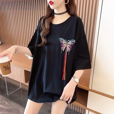 最新デザインセンス刺繍純綿ルーズ半袖Tシャツ<F-2949>