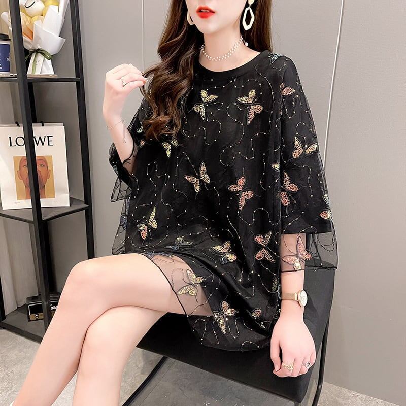 イントレンディなメッシュフェイクツーピースバタフライTシャツルーズトップ<F-2858>