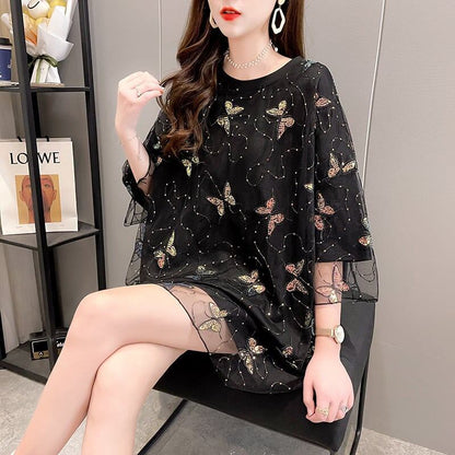 イントレンディなメッシュフェイクツーピースバタフライTシャツルーズトップ<F-2858>