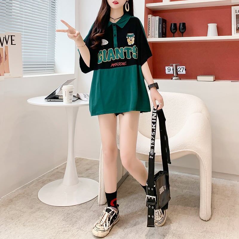 ファッションカジュアルネットレッドルーズポロカラー半袖Tシャツ<F-2856>