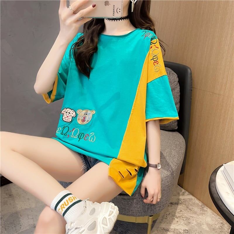 韓国風漫画刺繍ワッペン半袖Tシャツ<F-2991>