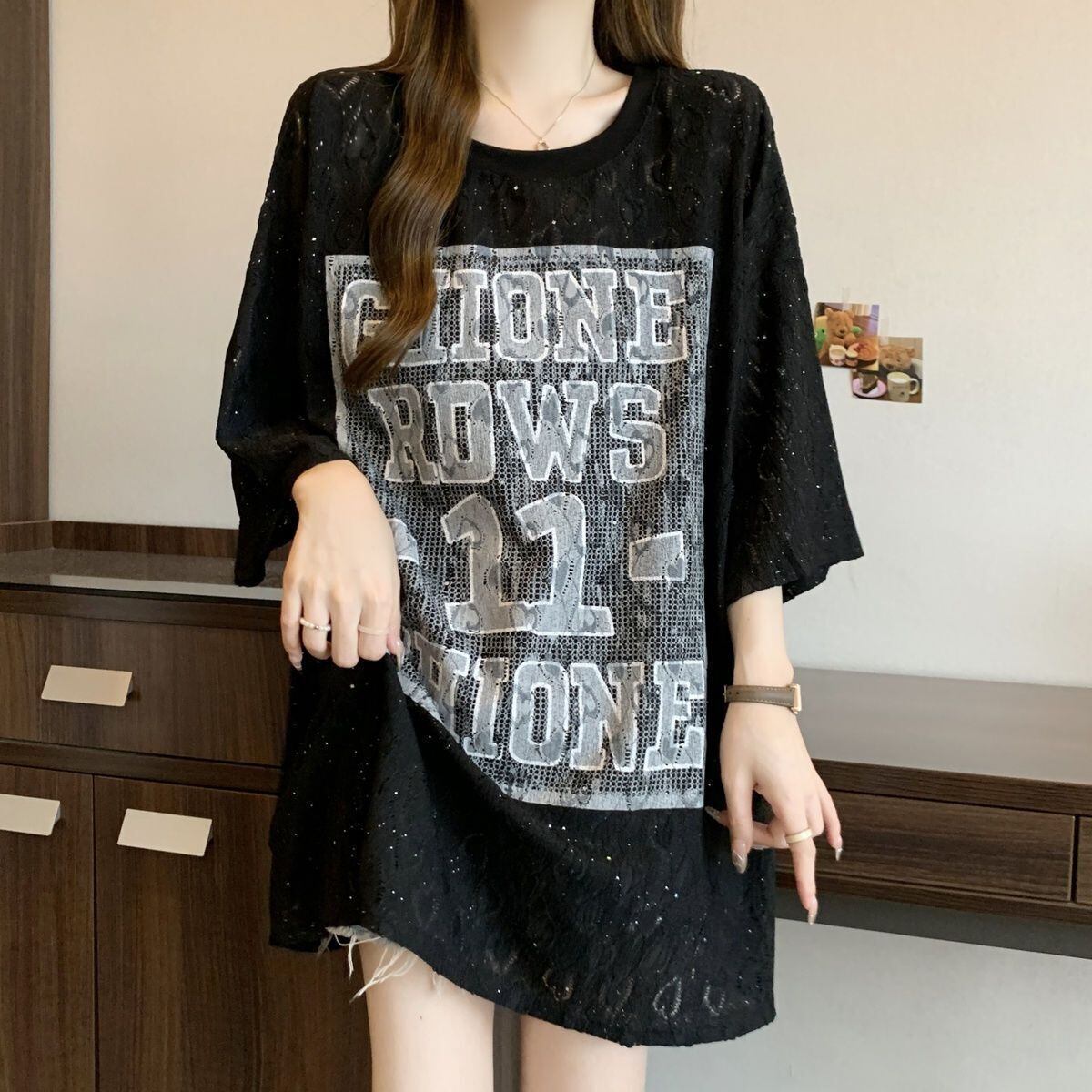 超人気 アバンギャルド 絶対流行 レース プリント全2色 半袖TシャツF-8798
