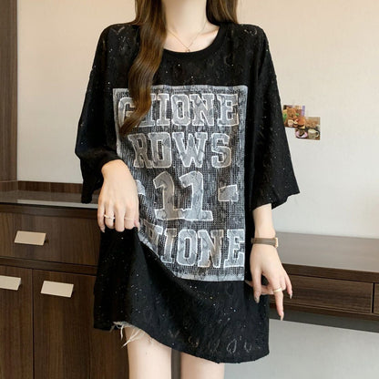 超人気 アバンギャルド 絶対流行 レース プリント全2色 半袖TシャツF-8798