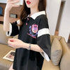 POLOネック 切り替え 熊柄 ロング プリント Tシャツ 二色 ゆったりワンピース ＜F-3020＞