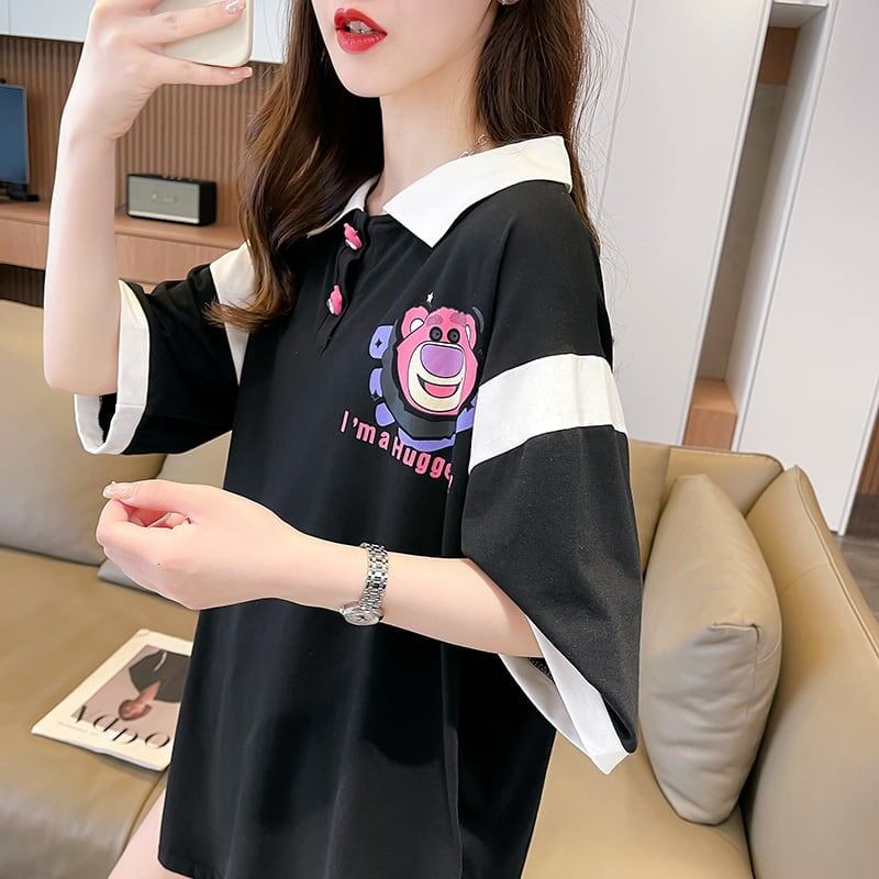 POLOネック 切り替え 熊柄 ロング プリント Tシャツ 二色 ゆったりワンピース ＜F-3020＞