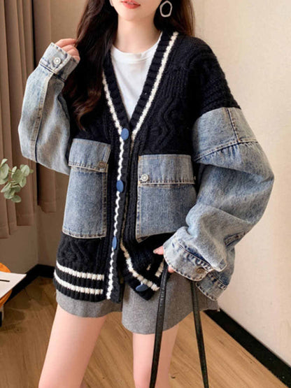 存在感抜群 おしゃれ度高め トレンドアイテム デニム 切り替え 2色選択 ニットトップスF-9724
