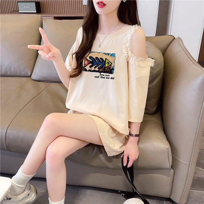 おしゃれ度高め レース 美人度アップ 切り替え プリント全4色 Tシャツ カットソー＜F-9213＞
