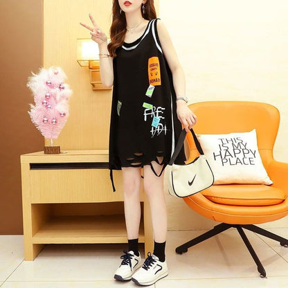 今季マストバイ ダメージ加工 デザイン性抜群 プリント全2色 ノースリーブ Tシャツ カットソー＜F-9141＞