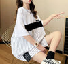 超人気 切り替え ストライプ柄 ラウンドネック プリント全2色 半袖Tシャツ<F-8741>