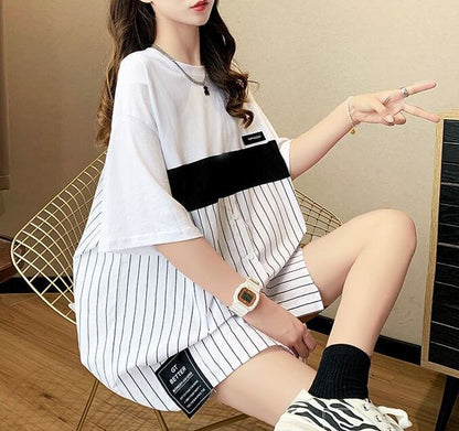 超人気 切り替え ストライプ柄 ラウンドネック プリント全2色 半袖Tシャツ<F-8741>