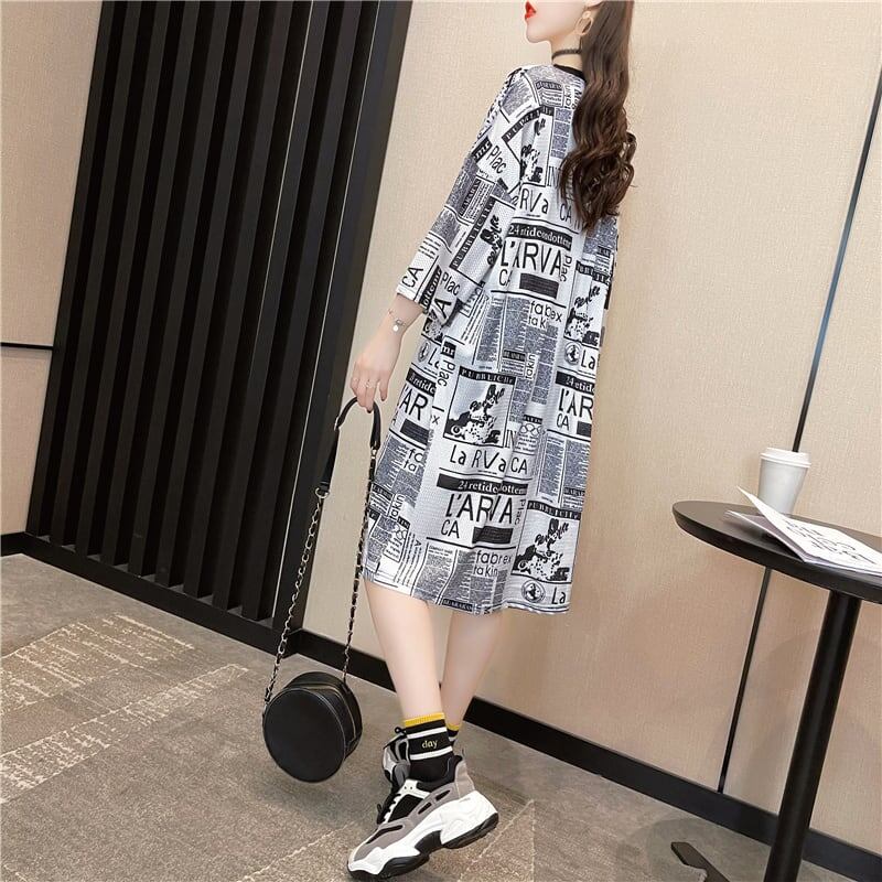 オシャレ度満点 プリント 一目惚れ 切り替え ワンピース Tシャツ カットソー＜F-3122＞