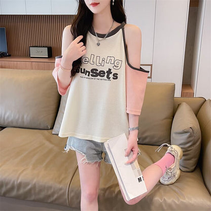 話題沸騰中   ロゴ 肌見せ 肩開き ゆったり 3色半袖Tシャツ＜F-8212＞