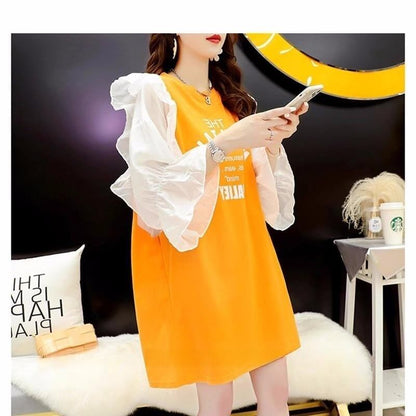 女子力アップ アルファベット パフスリーブ プリント ロングTシャツ ゆったりワンピース ＜F-3054＞