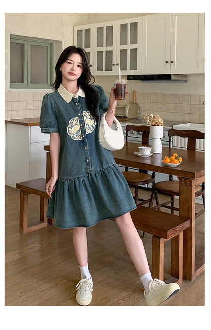 刺繡 カジュアル 体型カバー ワンピース F-7090