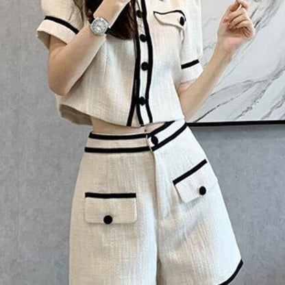 おすすめ ファッション 上品 カジュアル 切り替え 半袖 Tシャツ ショートパンツ セットアップ ＜F-8858＞