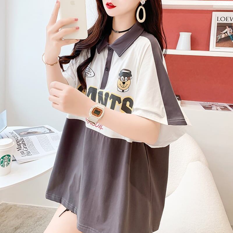 ファッションカジュアルネットレッドルーズポロカラー半袖Tシャツ<F-2856>