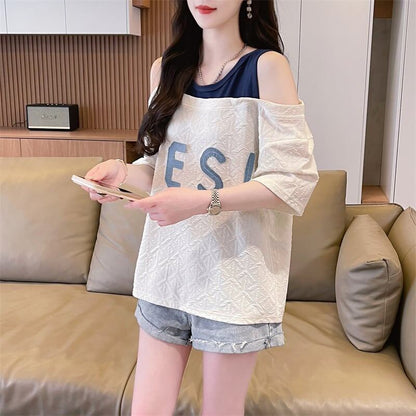 新商品 ゆったり カジュアル プリント オープンショルダー 2色 半袖Tシャツ＜F-8282＞
