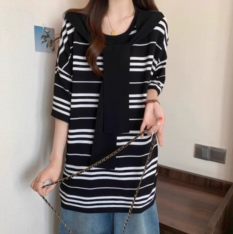 超人気 レイヤード風 カジュアル ストライプ柄 ゆったり 半袖 Tシャツ＜F-8797＞