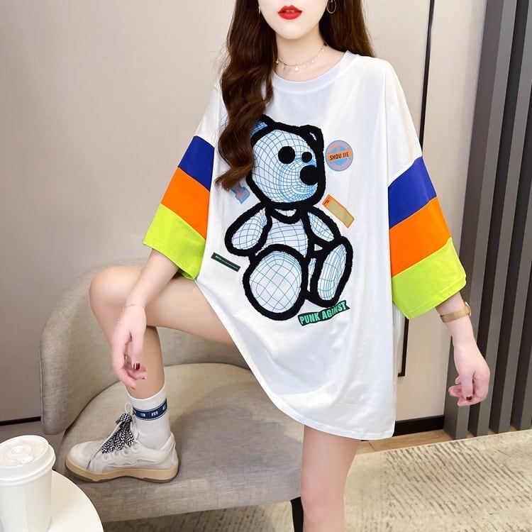 超人気商品   ベアー柄 プリント ロング Tシャツ ゆったりワンピース ＜F-4024＞