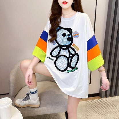 超人気商品   ベアー柄 プリント ロング Tシャツ ゆったりワンピース ＜F-4024＞