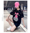 レースステッチアイスシルクニットルーズラビットプリント半袖Tシャツ<F-5038>