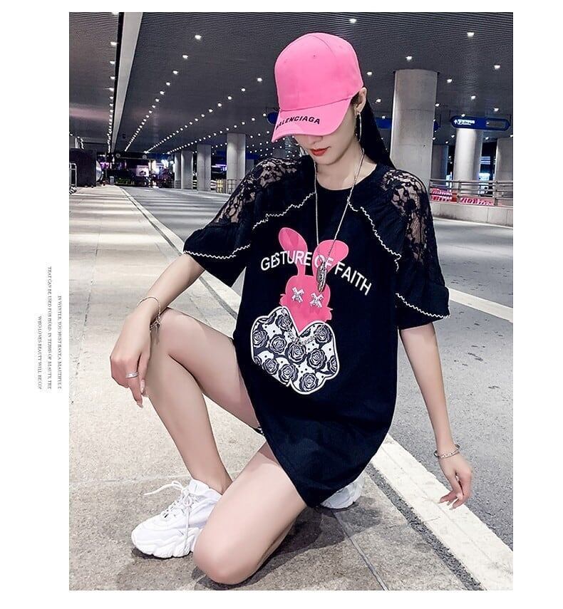 レースステッチアイスシルクニットルーズラビットプリント半袖Tシャツ<F-5038>