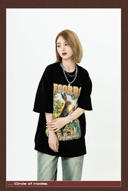 アメリカンレトロ絵画ウサギ半袖Tシャツカップル男女同スタイル<F-2910>