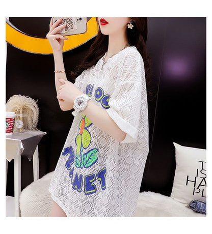 【半額！期間限定！！】新商品 切り替え 一目惚れ 透かし彫り プリント Tシャツ カットソー＜F-8523＞