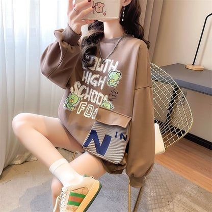 デザインされたビッグポケット漫画長袖Tシャツ<F-5118>