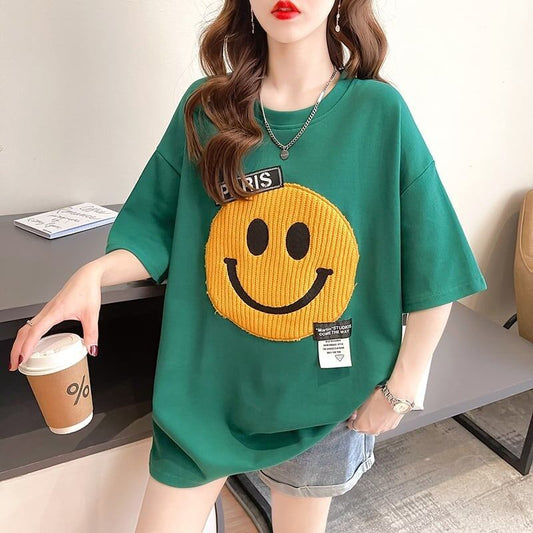 質感のいい ニコちゃん刺繍 スマイル ロング Tシャツ ゆったり半袖 ＜F-2947＞
